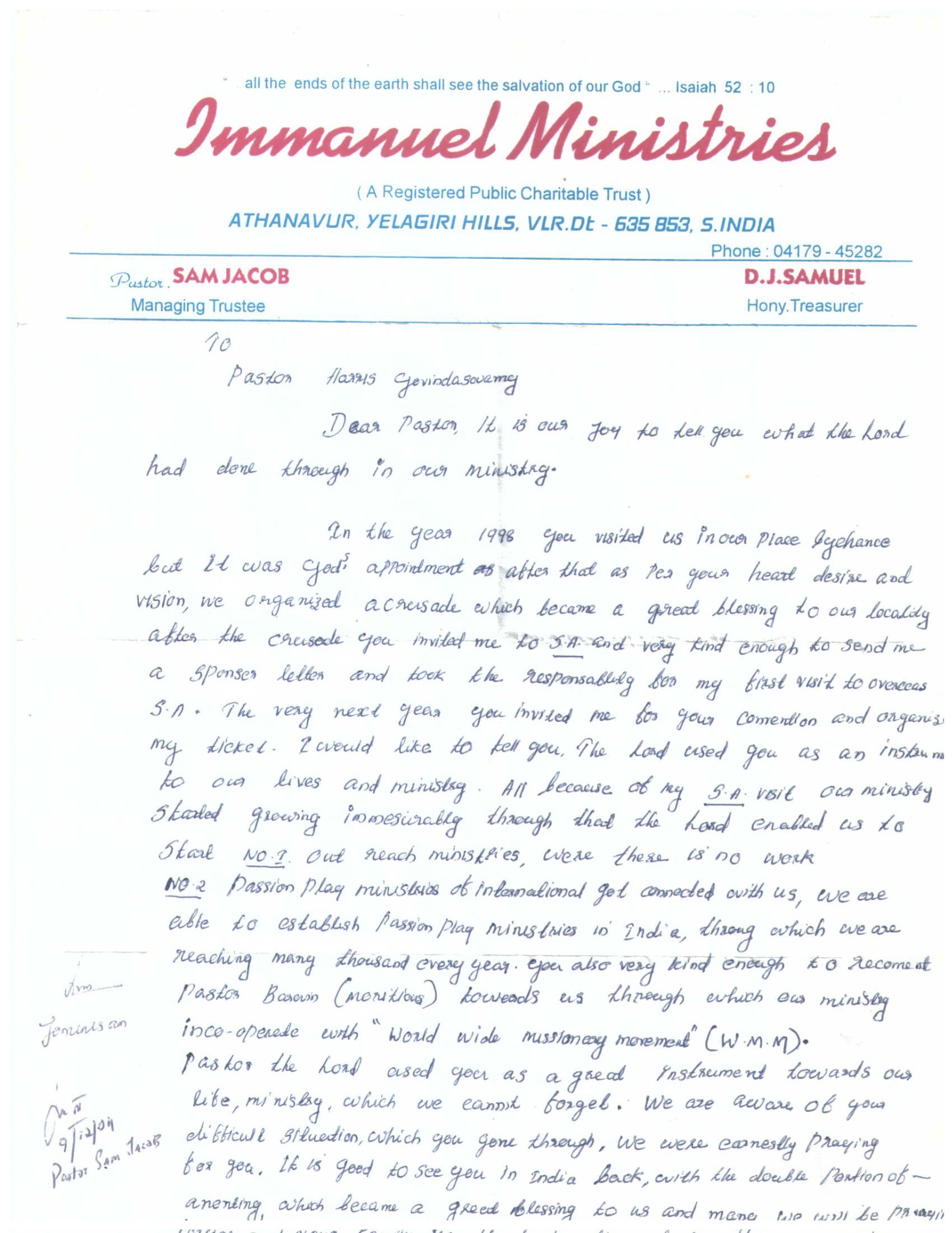 Handwritten testimony letter from Pastor Sam Jacob